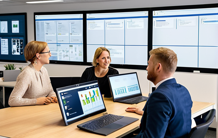 **
A diverse group of Dutch civil servants collaborating on a project in a modern, open-plan office. Some are looking at a PRINCE2 project plan on a large screen, others are discussing ideas. Focus on collaboration, project management, and the modern work environment within the "ambtenarij" (civil service). The atmosphere should be positive and efficient.
**
