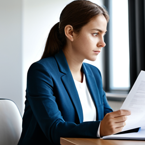 Home 7 A young adult professional, fully clothed in a modest business casual outfit, sits thoughtfully at a clean, modern desk in a well-lit home office, holding a simple document. The person's expression is contemplative yet composed, suggesting resilience and self-reflection after a challenge. The background is softly blurred, indicating a quiet space for processing. Perfect anatomy, correct proportions, natural pose, well-formed hands, proper finger count, natural body proportions, professional photography, high-quality, safe for work, appropriate content, fully clothed, professional, modest, family-friendly.